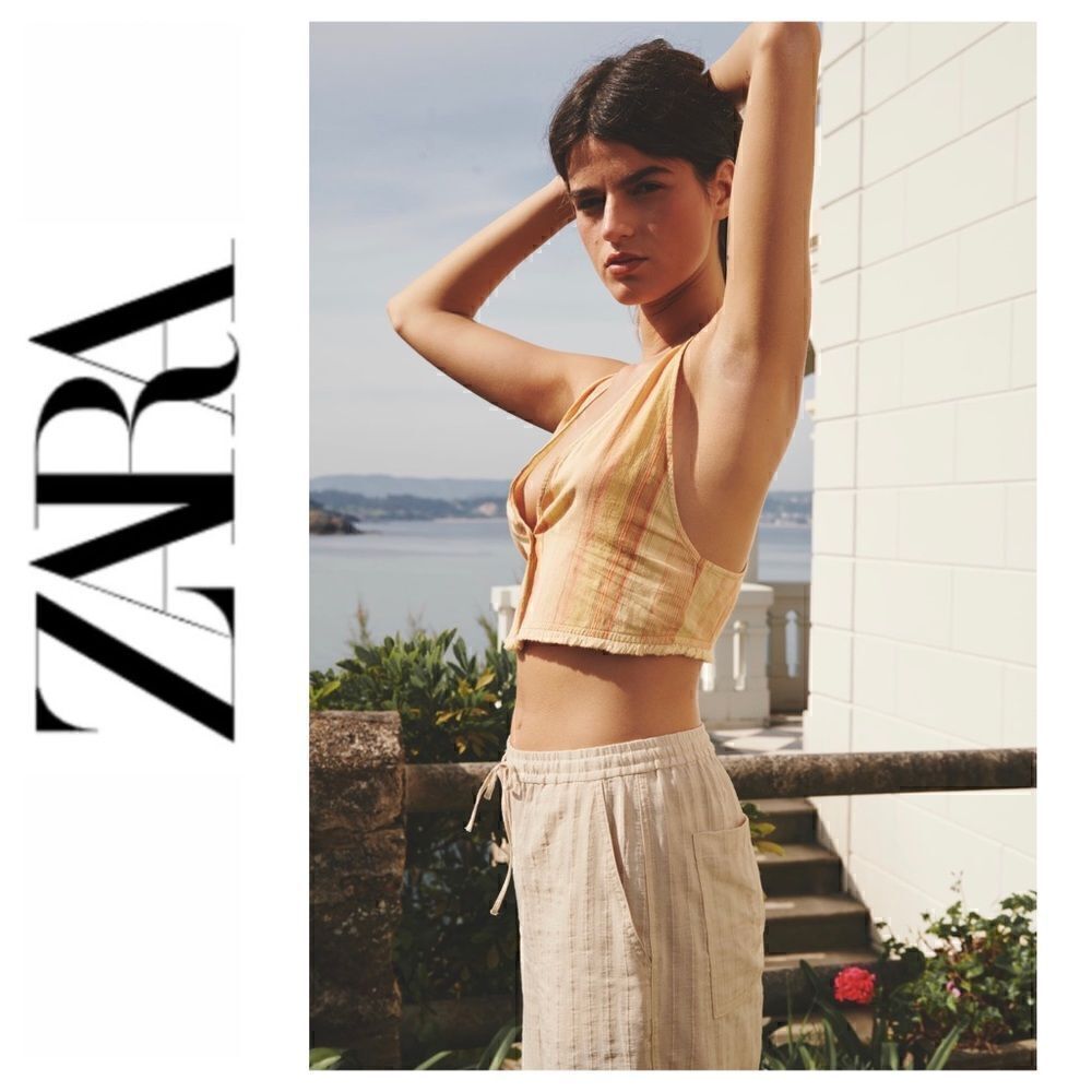 NWT Zara Stripped Sleeveless Cotton Frayed Hem Twisted Back V-Neck Vest, Size XS